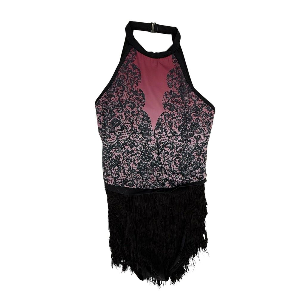 Balera Pink Ombre Fringed Leotard Lace Design Women Medium Adult Black Jazz